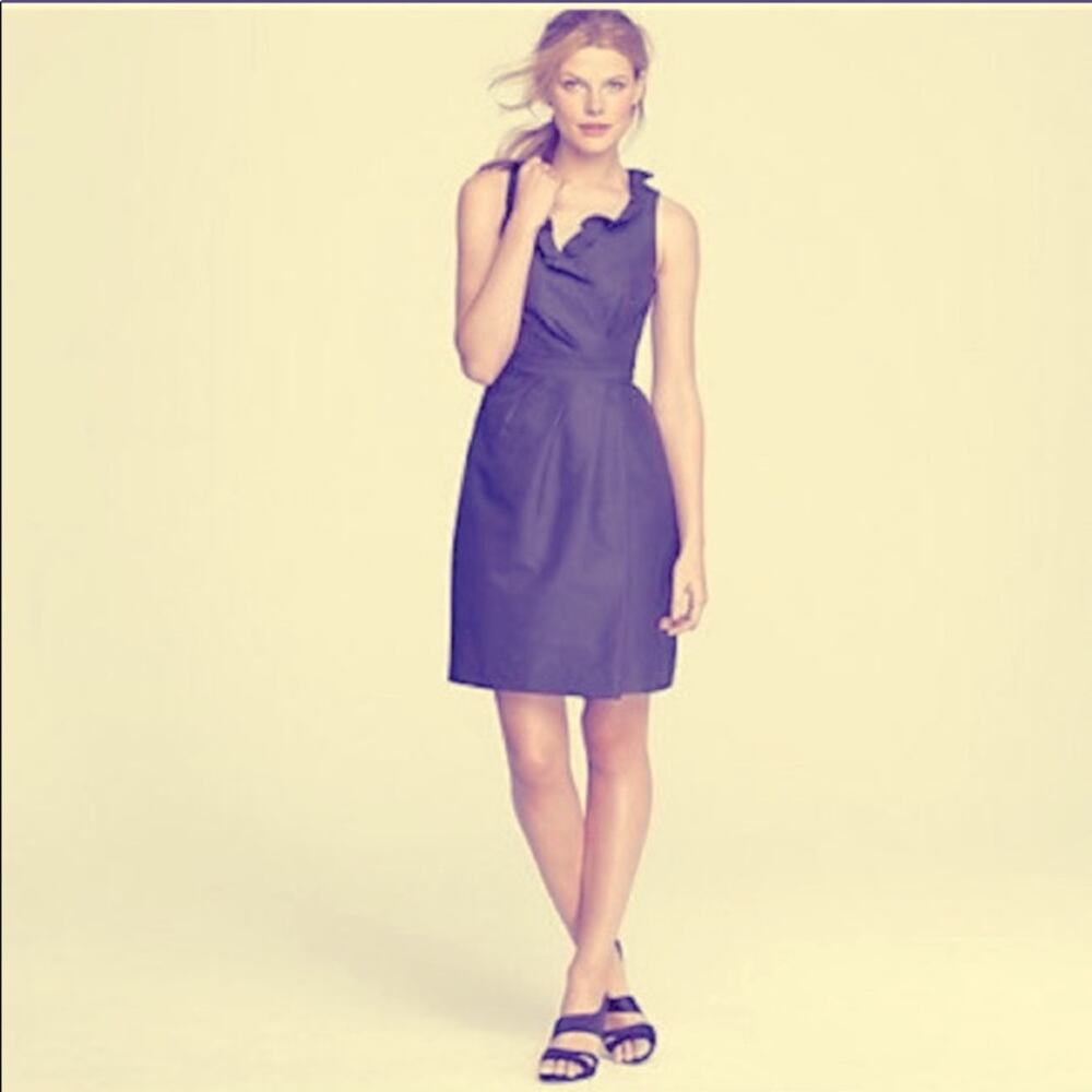 J Crew Blakely Blue Silk Taffeta Ruffle Neck Dress